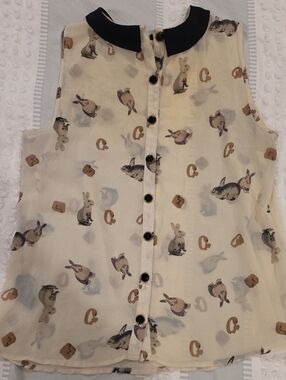Sleeveless Cream Bunny Print Blouse with Black Collar